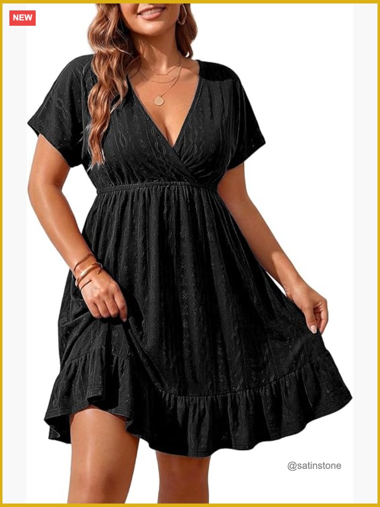 Plus Size Swimsuit Cover Up V Neck Short Sleeve Ruffle Hem Beach Dress